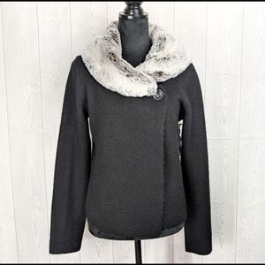 Cynthia Rowley Cardigan Sweater Removable Faux Fur Collar Women's Size L Black